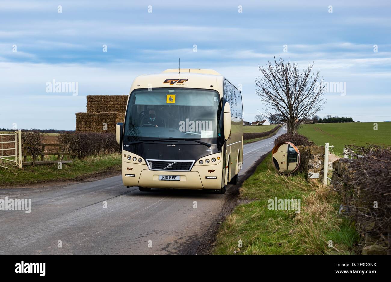 Bus scolastico su strada di campagna, Lothian orientale, Scozia, Regno Unito Foto Stock
