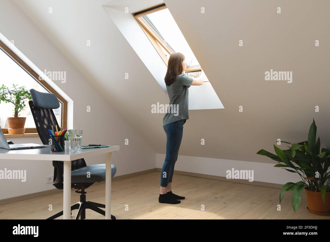 Le donne aprono una finestra in ufficio domestico e lasciano entrare aria fresca. Ambiente di lavoro sano in nuove ore lavorative normali. Foto Stock