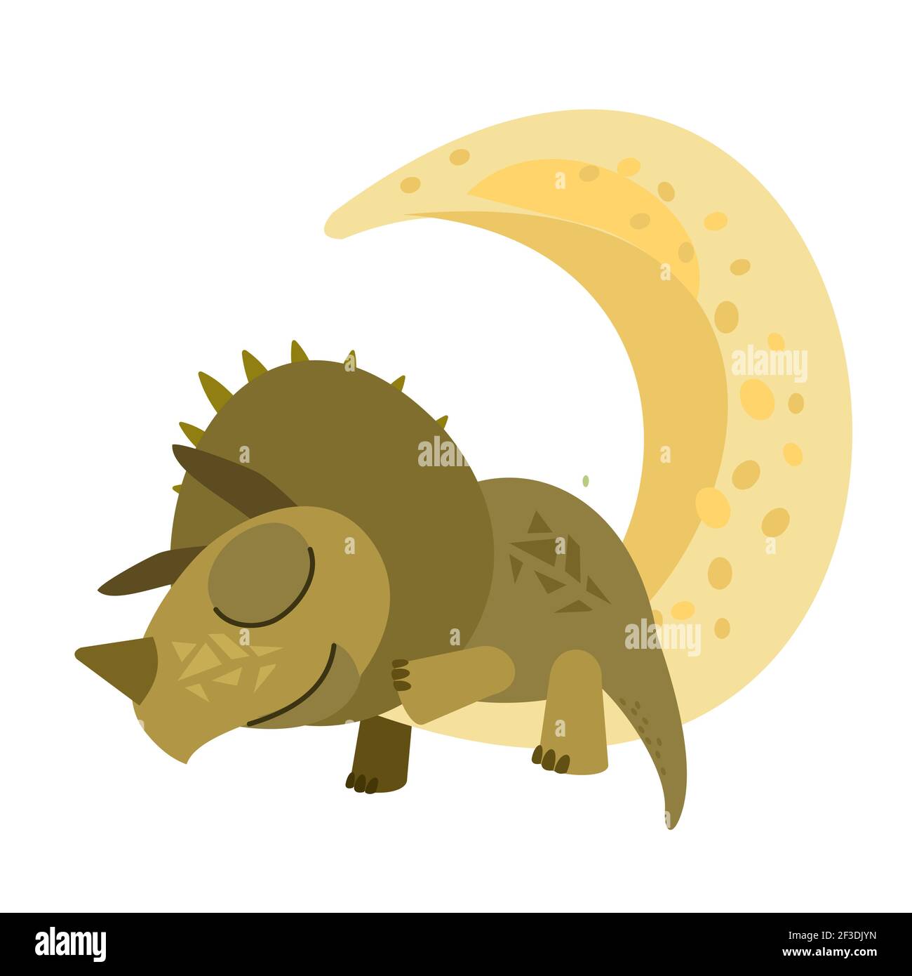 Il piccolo dinosauro del bambino dorme sulla luna. Cielo stellato notte isolato oggetto su sfondo bianco. Allegro tipo animale dino bambino. Cartoni animati stile piatto Illustrazione Vettoriale