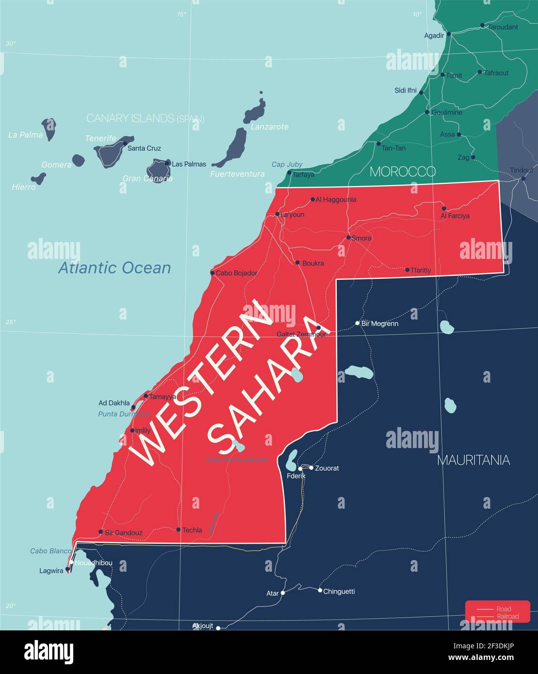 Sahara occidentale Mappa dettagliata modificabile con regioni città e città, strade e ferrovie, siti geografici. File vettoriale EPS-10 Illustrazione Vettoriale