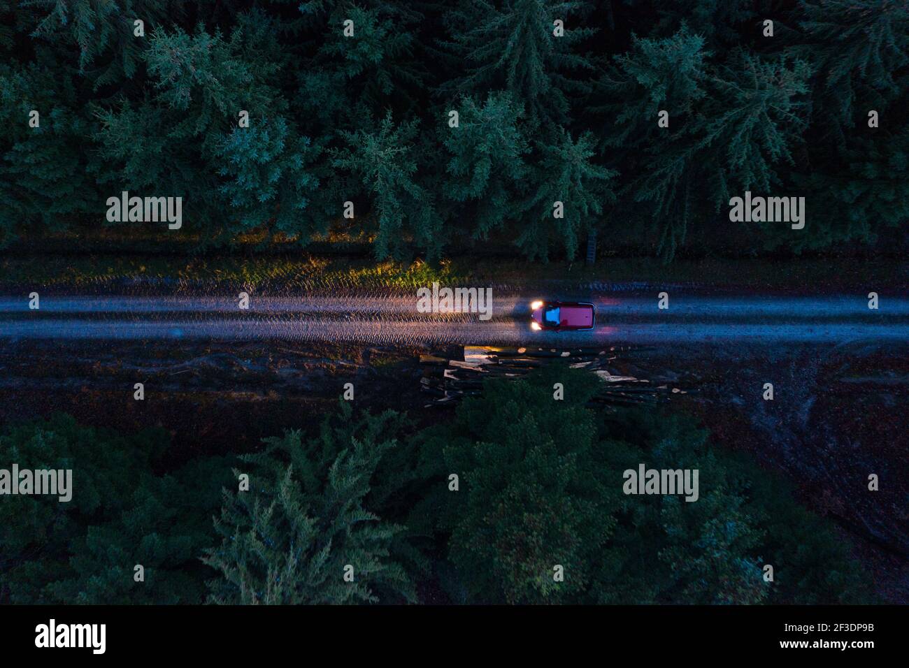 Foto aerea dall'alto di una sola auto rossa su una strada sterrata di notte, in una foresta alpina europea. Drammatico solo con i fari. Lelab360 Foto Stock