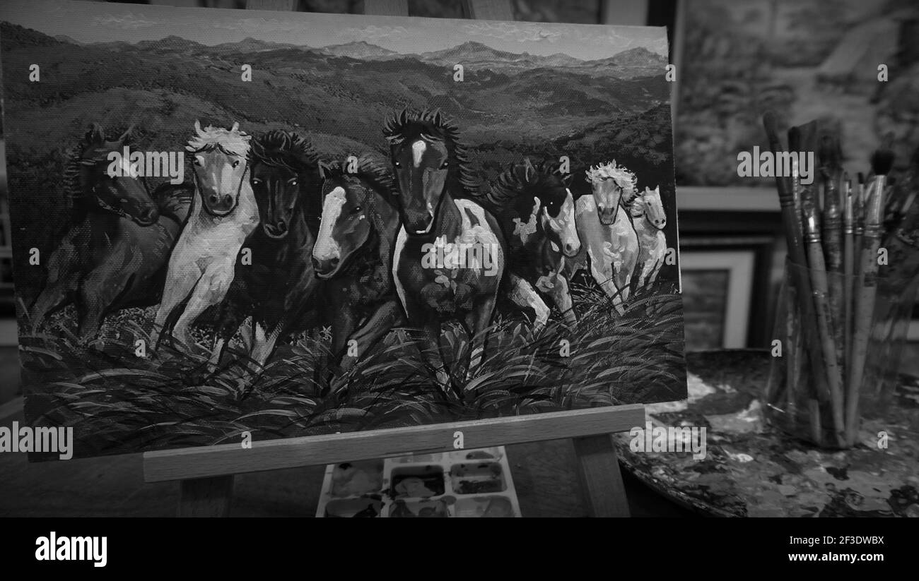 Arte ,pittura ,disegno,Arte , cavallo running, Lucky, Thailandia , bianco e nero , monocromatico Foto Stock