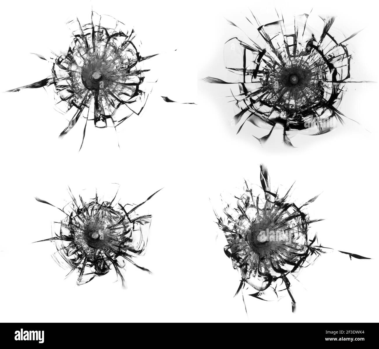 Set di vetro rotto incrinato e scheggiato su sfondo bianco. Collage astratto con la trama della finestra incrinata. Foto Stock