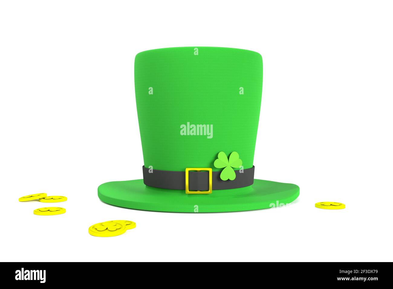 Giorno di San Patrizio. Cappello verde Leprechaun con foglia di trifoglio su isolato su sfondo bianco. rendering 3d Foto Stock