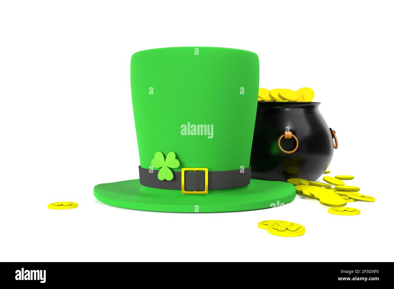 Giorno di San Patrizio. Cappello verde Leprechaun con foglia di trifoglio su sfondo bianco con pentola piena di monete d'oro. rendering 3d Foto Stock