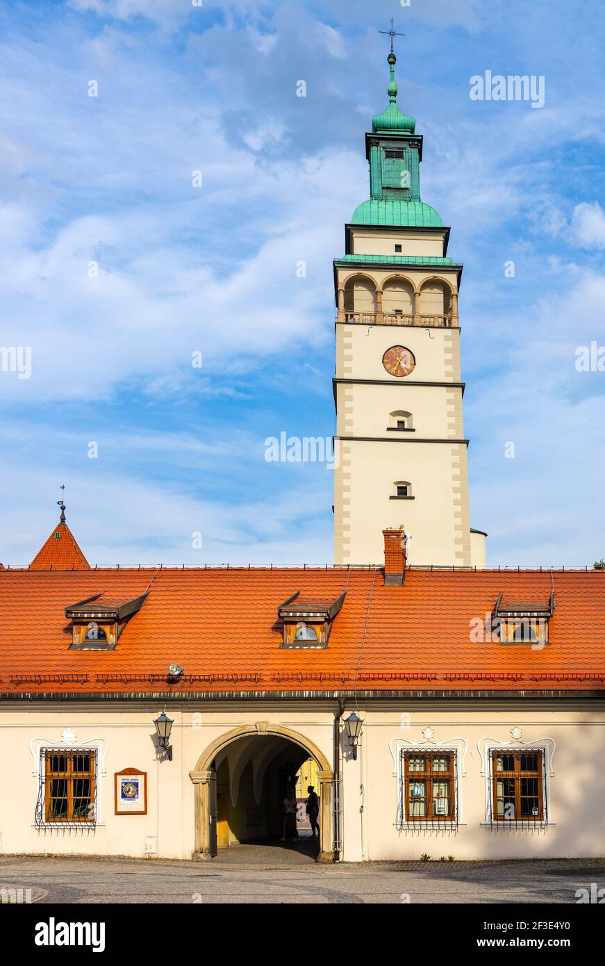 Zywiec, Polonia - 30 agosto 2020: Porta principale per il Palazzo degli Asburgo, il Castello Vecchio e il Parco del Castello di Zywiec con la torre della Cattedrale nel centro storico della città Foto Stock