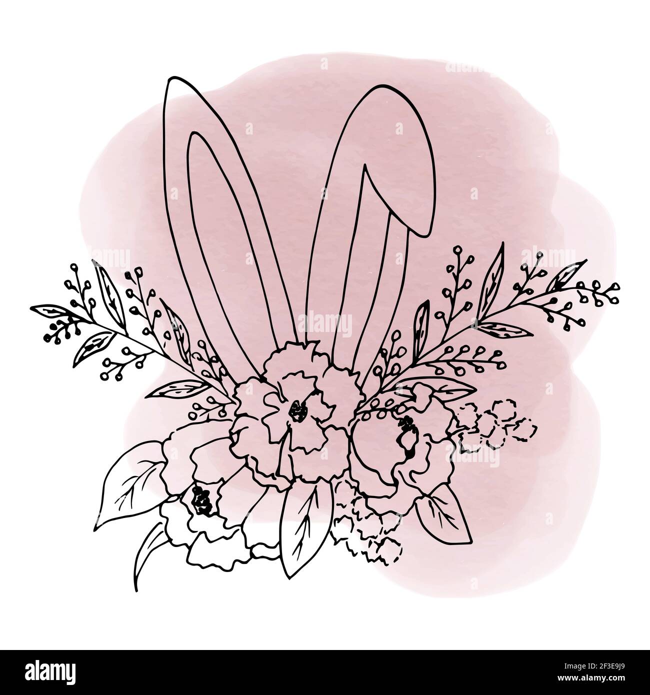 Schizzo di un bouquet pasquale di fiori e foglie con orecchie sporgenti di un coniglietto. L'illustrazione vettoriale nello stile di una linea disegnata a mano isola il Illustrazione Vettoriale