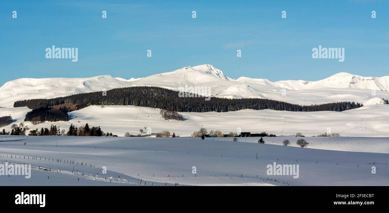 Il Monts Dore in inverno, Massif di Sancy, Parco Naturale Regionale dei Vulcani d'Alvernia, dipartimento Puy de Dome, Auvergne, Francia Foto Stock