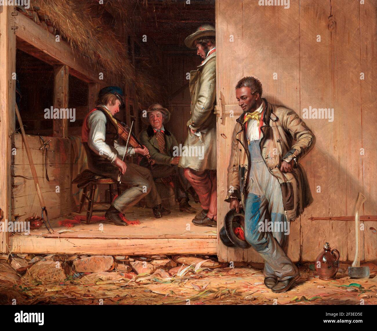 The Power of Music di William Sidney Mount, 1847 ambientato nella rurale Long Island prima della guerra civile, il complesso dipinto di Mount presenta un operaio afroamericano che ascolta con attenzione una melodia di pugili apprezzata dagli uomini bianchi. Mentre un amore per la musica unisce le figure in un legame di umanità condivisa, le due razze occupano spazi diversi - uno all'interno, uno all'esterno, entrambi separati da una porta fienile -- simbolizzando efficacemente le divisioni pronunciate in America al tempo. Foto Stock