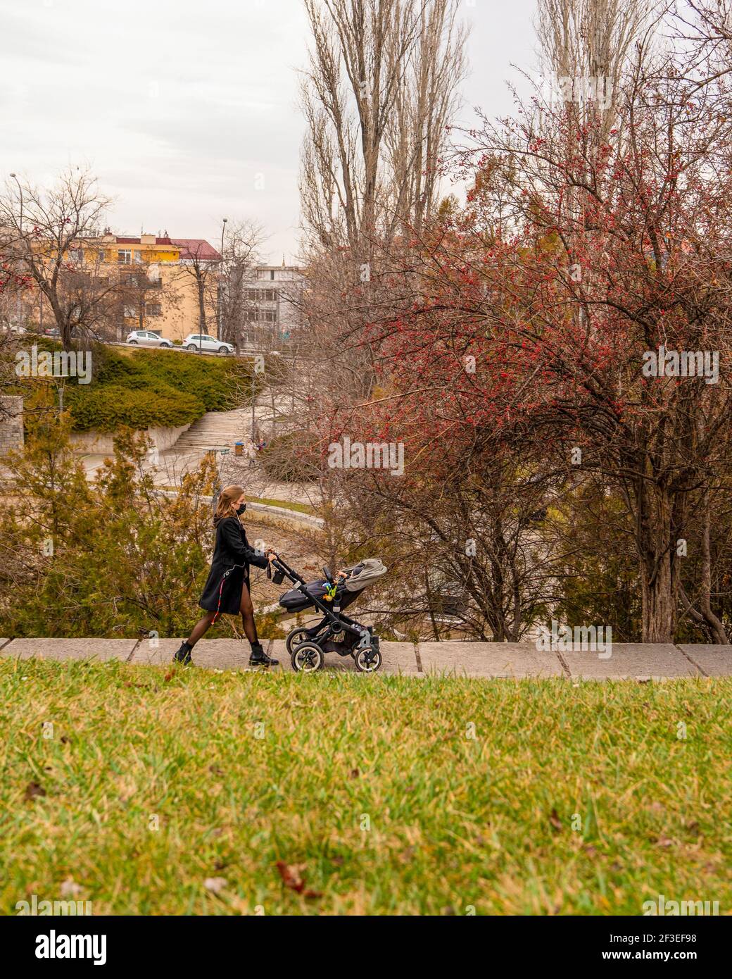 Ankara, Turchia-Gennaio 12 2021: Mamma spinge passeggino nel parco nella stagione autunnale Foto Stock