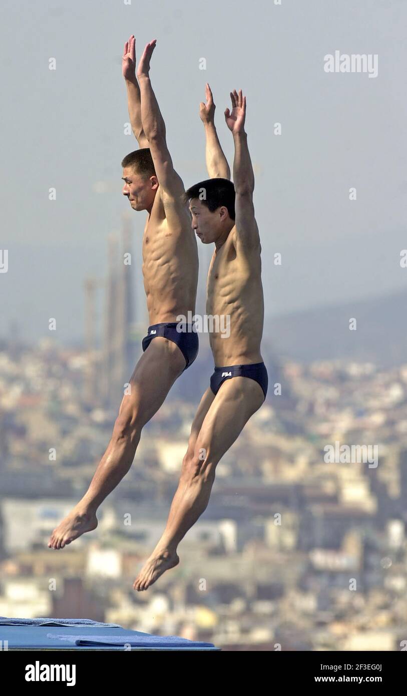 Subacquei durante l'immersione sincronizzata della Coppa del mondo di nuoto, a Barcellona 2003. Foto Stock