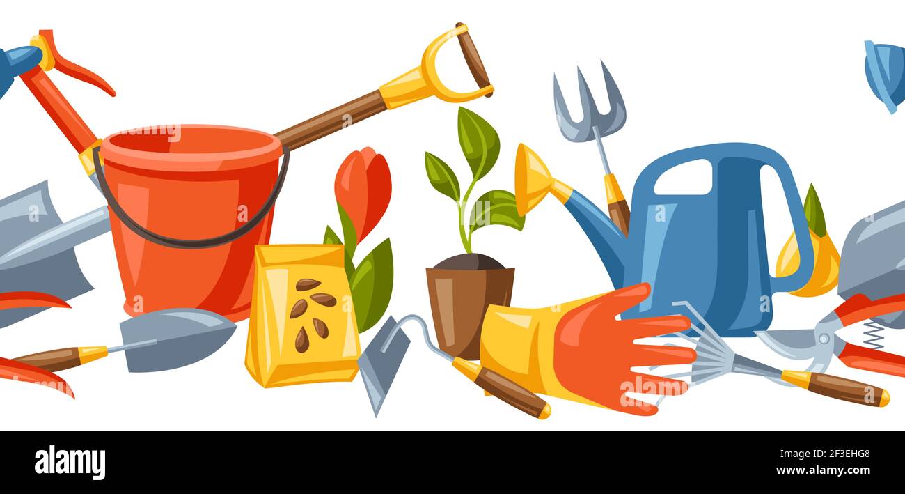 Disegno senza cuciture con attrezzi e attrezzature da giardino.  Illustrazione di giardinaggio Immagine e Vettoriale - Alamy