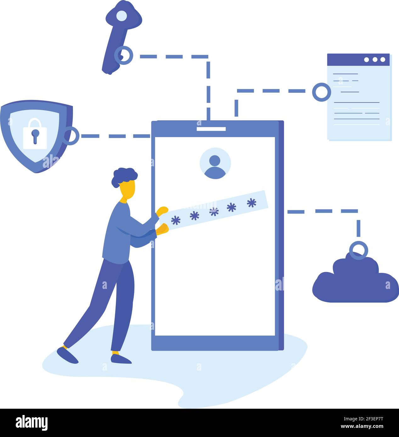 Design piatto della sicurezza Internet, concetto di protezione dei dati. Un uomo che mette la password nel suo smartphone. Moderna illustrazione vettoriale in stile cartoon piatto Illustrazione Vettoriale