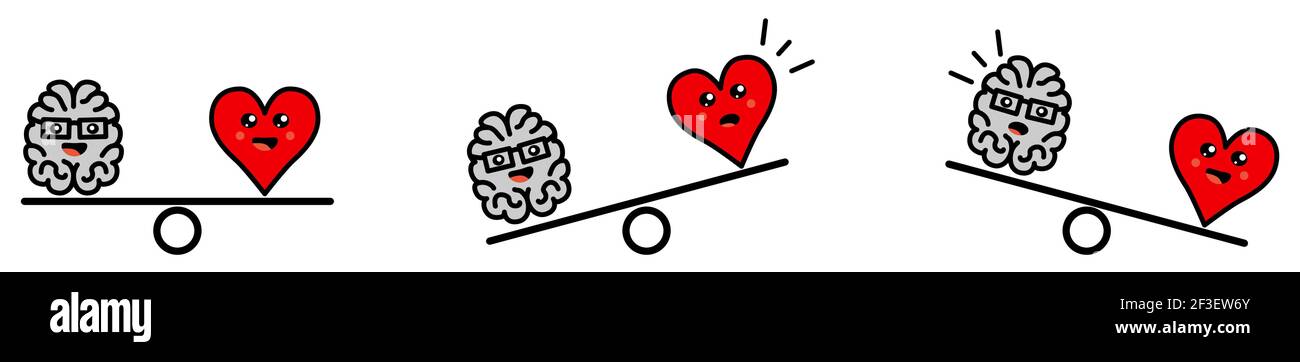 Cute Kawaii stile cervello e cuore su scale di peso, equilibrato o un lato più pesante versione, emozioni e pensiero razionale conflitto concetto Illustrazione Vettoriale