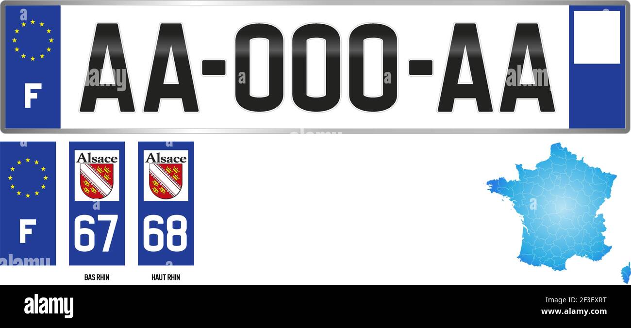 Alsazia, targa francese, dettaglio dell'etichetta laterale del dipartimento, illustrazione vettoriale, esempio di numerazione Illustrazione Vettoriale