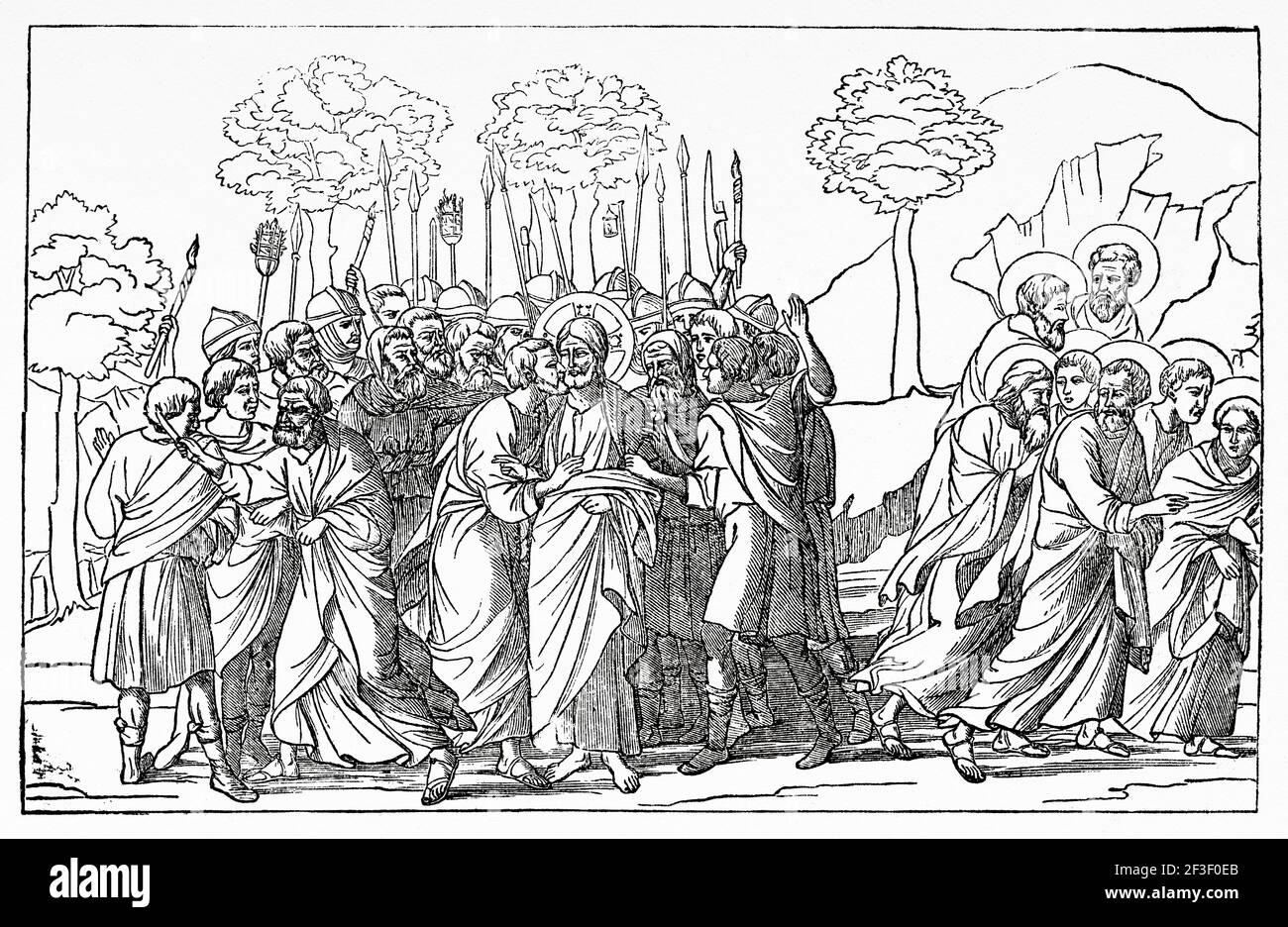 L'arresto di Cristo. Giuda che dà a Gesù un bacio nel giardino del Getsemene. Vecchio 19 ° secolo inciso illustrazione da Gesù Cristo di Veuillot 1890 Foto Stock