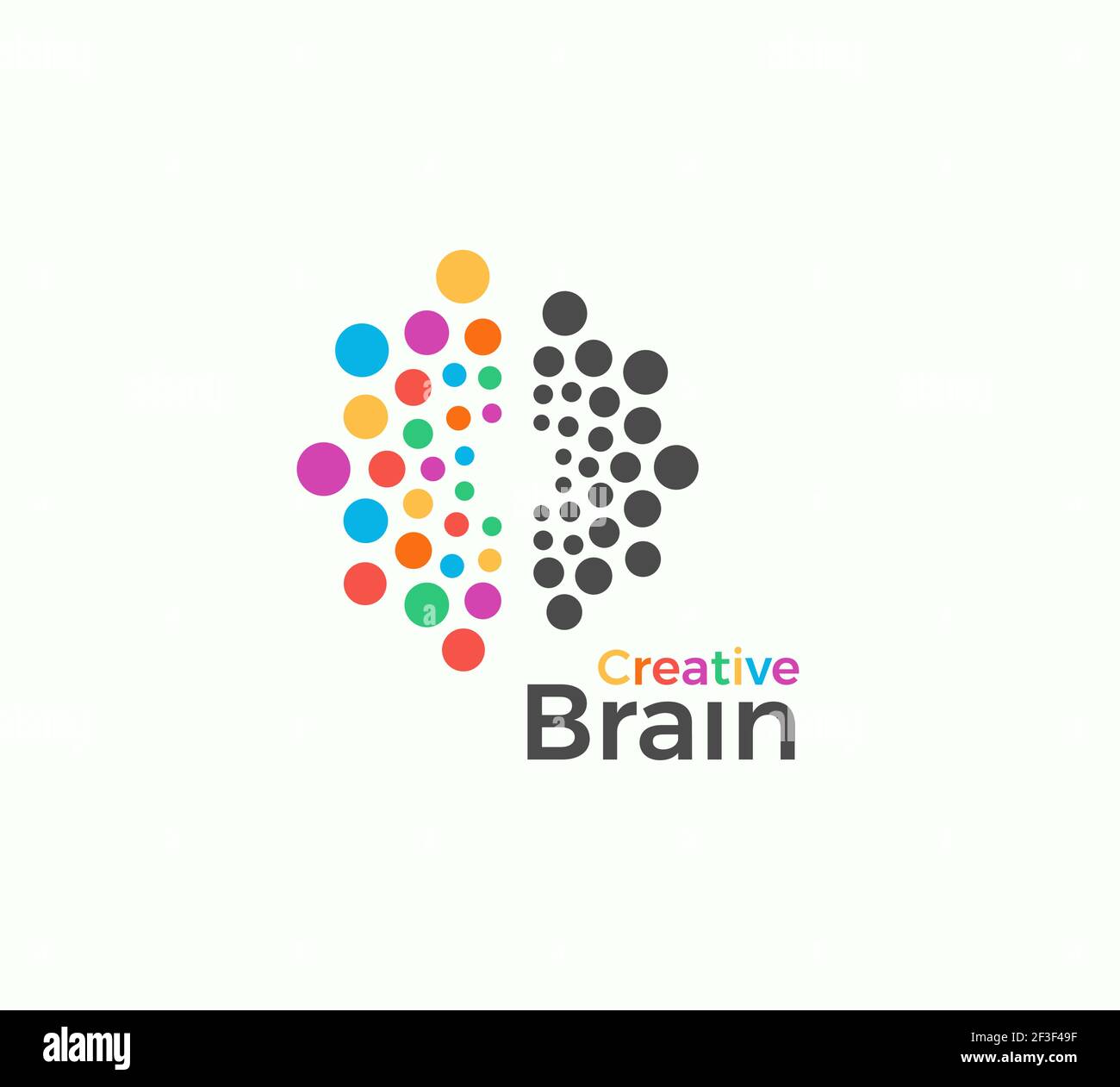 Modello del logo Creative Brain Vector in stile punti colorati. Immaginazione creativa, ispirazione astratta icona su sfondo bianco. Cervello sinistro e destro Illustrazione Vettoriale