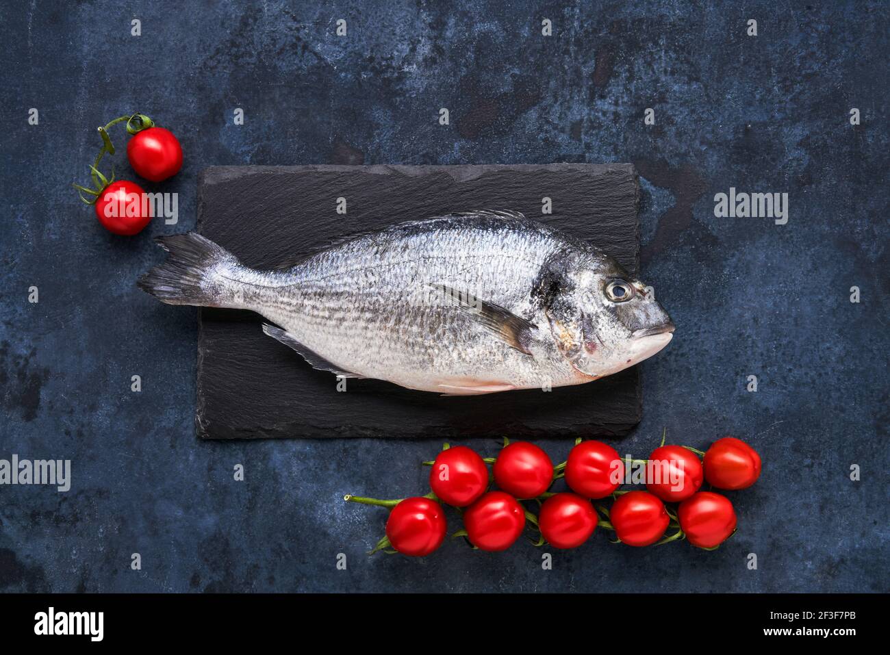 Pesce dorado crudo su un tagliere di ardesia su sfondo blu scuro. Concetto di pesce mediterraneo. Vista dall'alto, spazio di copia per il testo Foto Stock