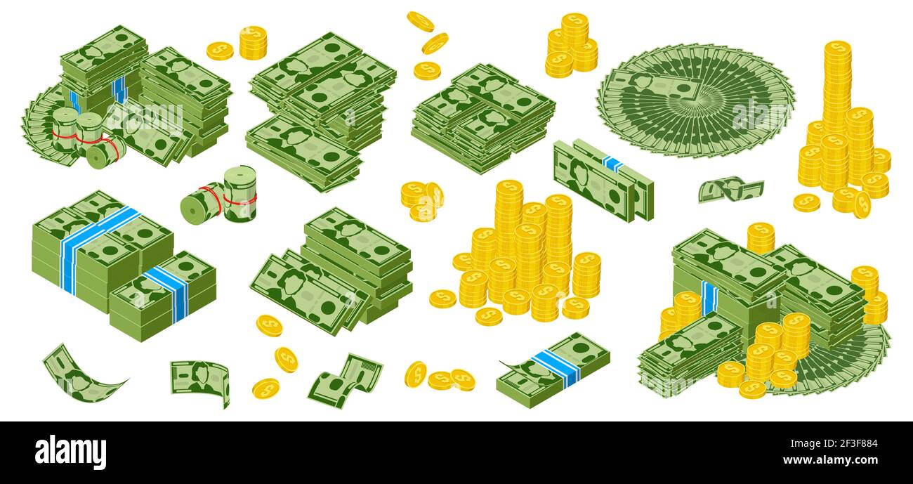 Dollaro isomerico in contanti. Bollette verdi del dollaro e mucchi di monete d'oro, pacchetto di monete d'oro del dollaro. Contanti carta banconote vettore illustrazione set Illustrazione Vettoriale