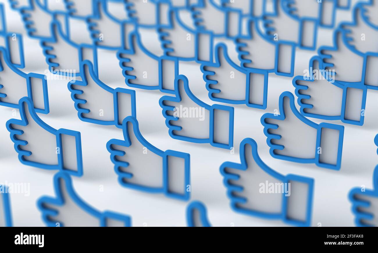 Il feedback sui social media viene commentato con un pollice in alto. Rendering 3D Foto Stock