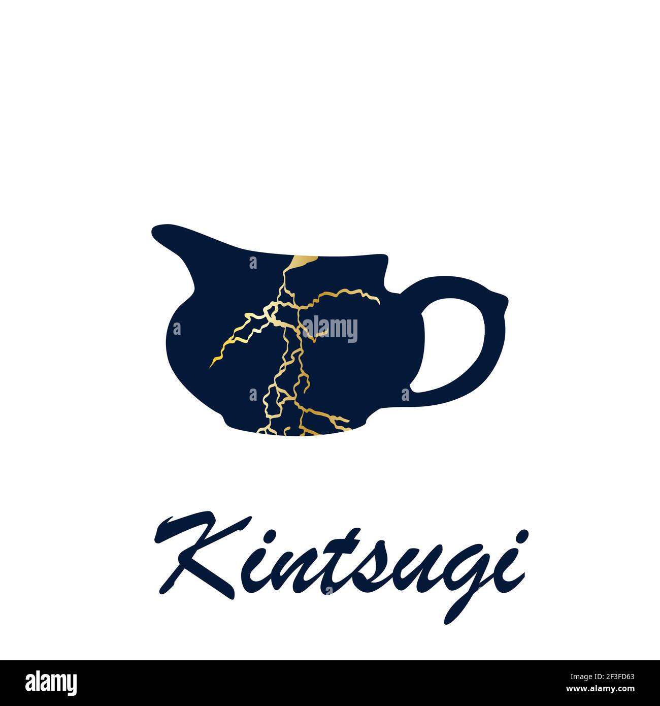 Illustrazione dell'incisione di schizzi a colori kintsugi giapponesi con vaso rinnovato. Iscrizione Kintsugi. Illustrazione Vettoriale