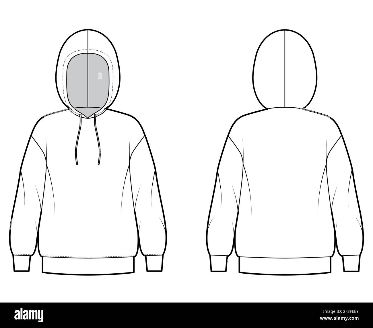 Felpa con cappuccio illustrazione tecnica della moda con maniche lunghe corpo oversize orlo con archetto polsino. Modello di abbigliamento piatto extra large anteriore posteriore colore bianco. Donne ...