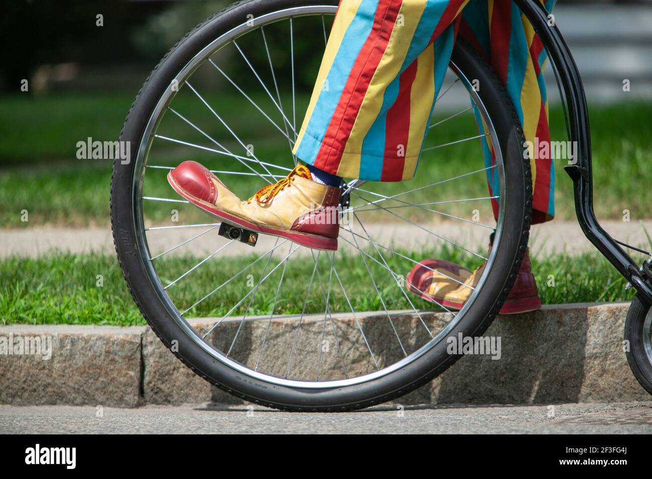 Pantaloni e scarpe colorati in pagliaccio sul pedale della ruota grande bicicletta Foto Stock