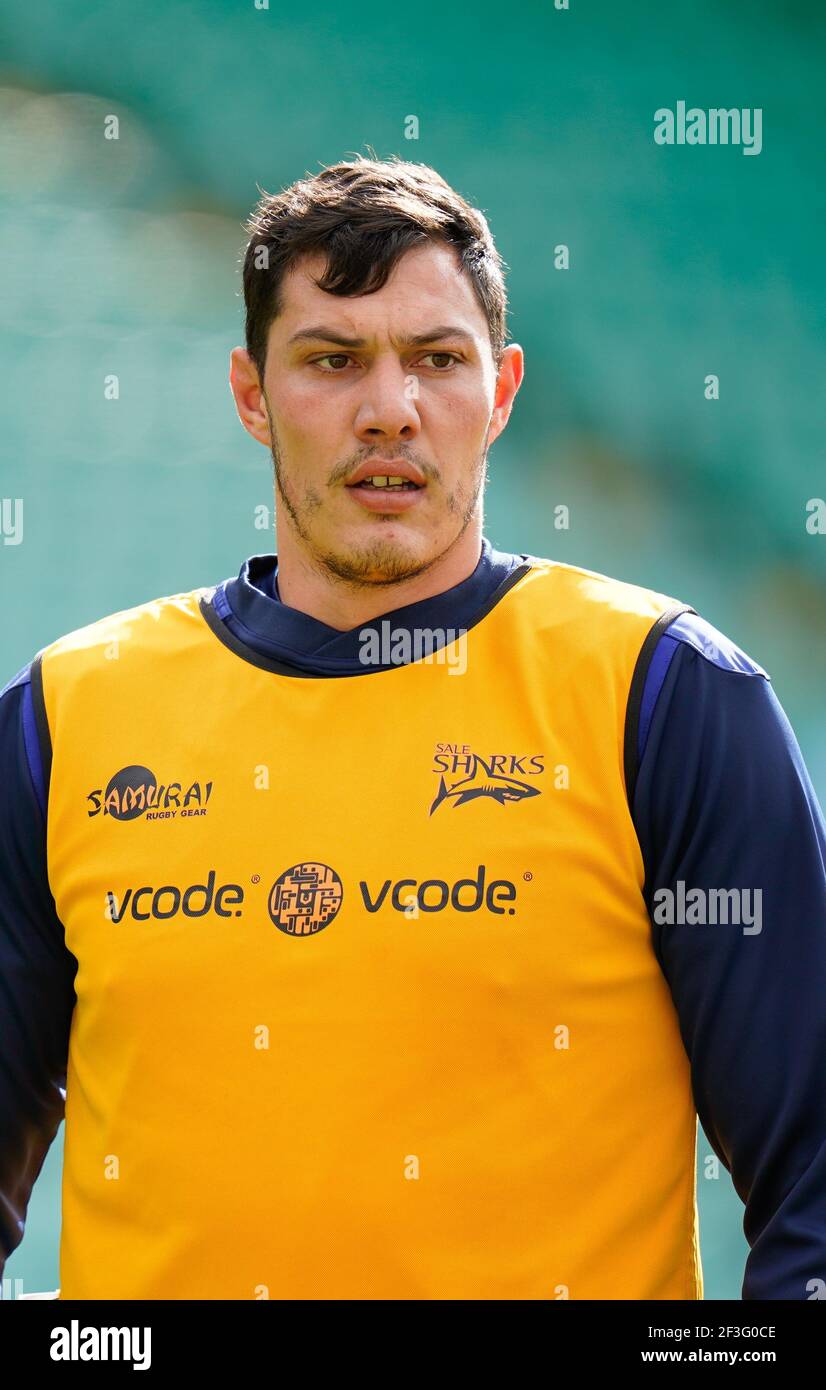 Vendita Sharks JP Du Preez si riscalda prima di una Gallagher Premiership Round 13 Rugby Union match, sabato 13 marzo 2021, a Northampton, Regno Unito. ( Foto Stock
