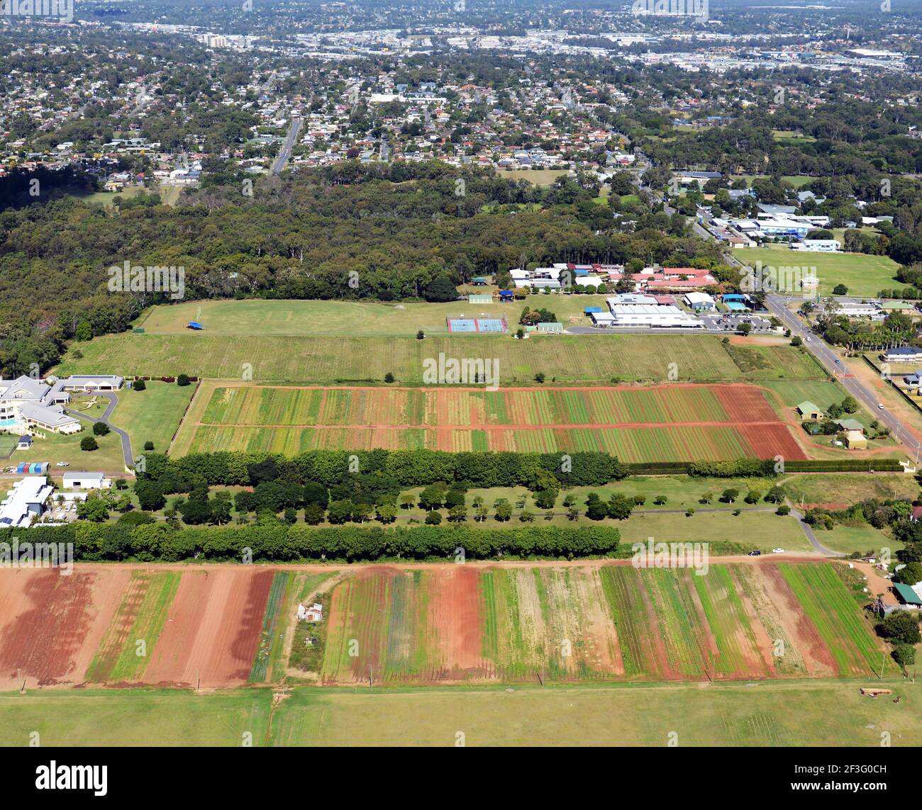 Vista aerea delle aziende agricole del Queensland, Australia. Foto Stock