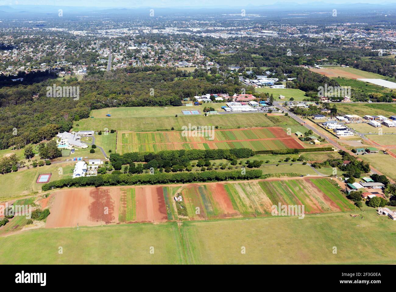 Vista aerea delle aziende agricole del Queensland, Australia. Foto Stock