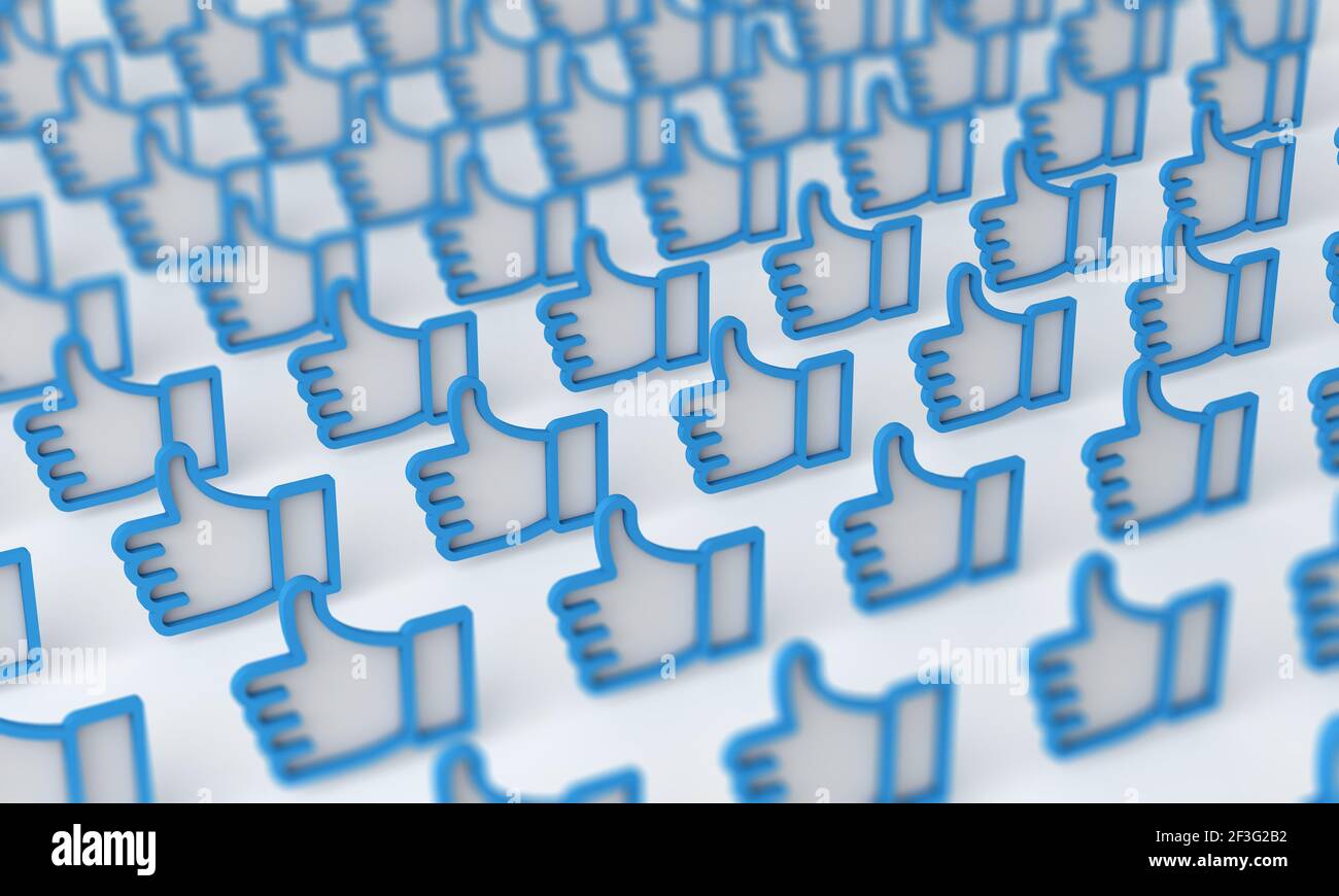 Il feedback sui social media viene commentato con un pollice in alto. Rendering 3D Foto Stock