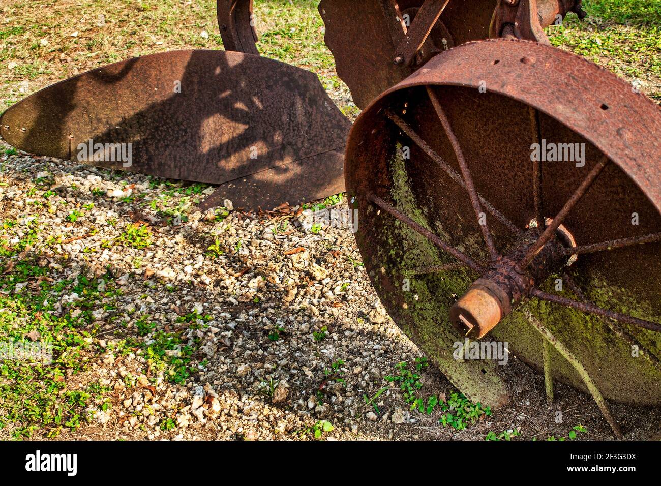 Carro di aratro in metallo d'epoca al Miami-Dade County Redland Fruit and Spice Park in Florida. Foto Stock