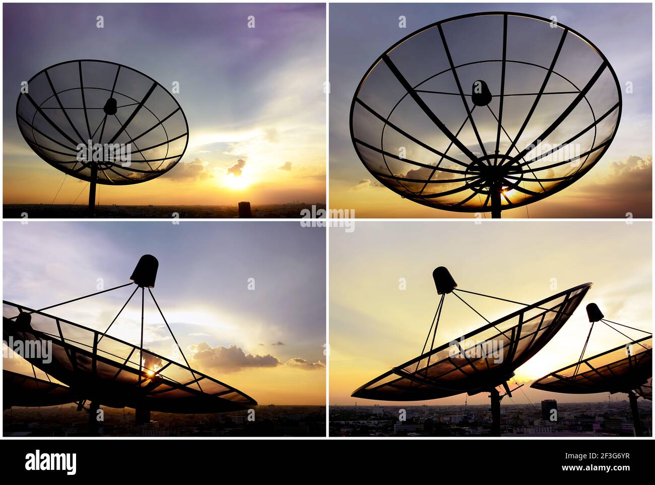 Set di parabole satellitari sullo sfondo del cielo crepuscolo Foto Stock