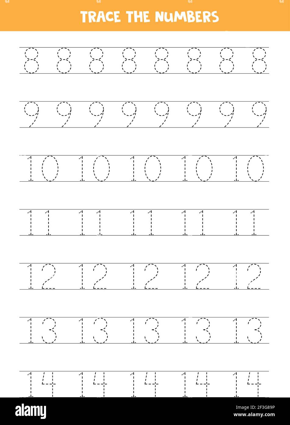 Numeri di traccia 8-14. Pratica di scrittura a mano per i capretti di preschool. Illustrazione Vettoriale