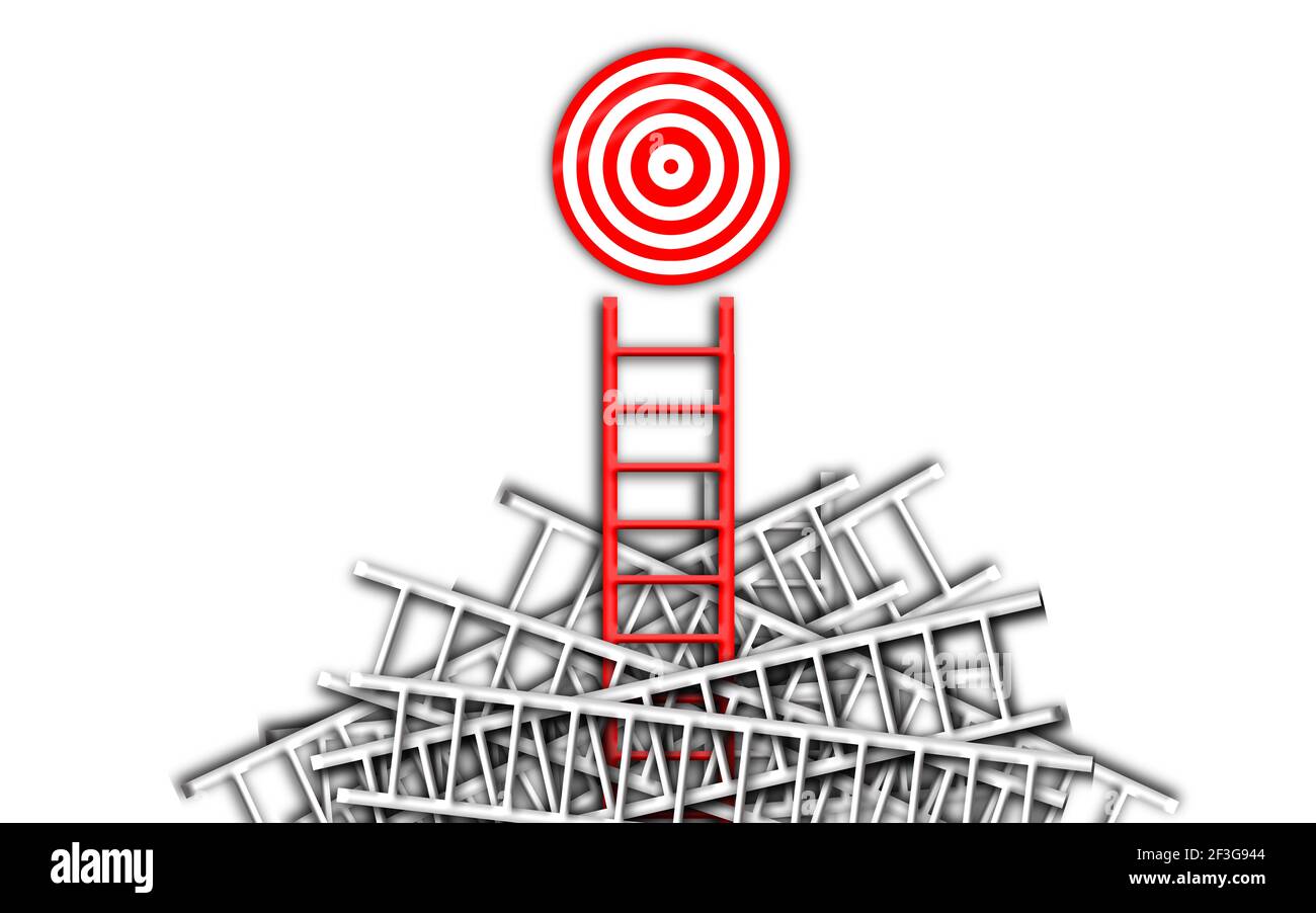 Pensate in modo diverso e distinguete dalla folla. Il concetto di obiettivo della scala. La scala rossa si distingue dagli altri per raggiungere il suo obiettivo o scopo. Foto Stock