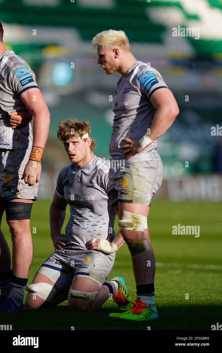 Vendita squali No.8 Dan Du Preez e vendita squali fiancher Jean-Luc Du Preez durante un Gallagher Premiership Round 13 Rugby Union match, sabato, marzo 13, Foto Stock