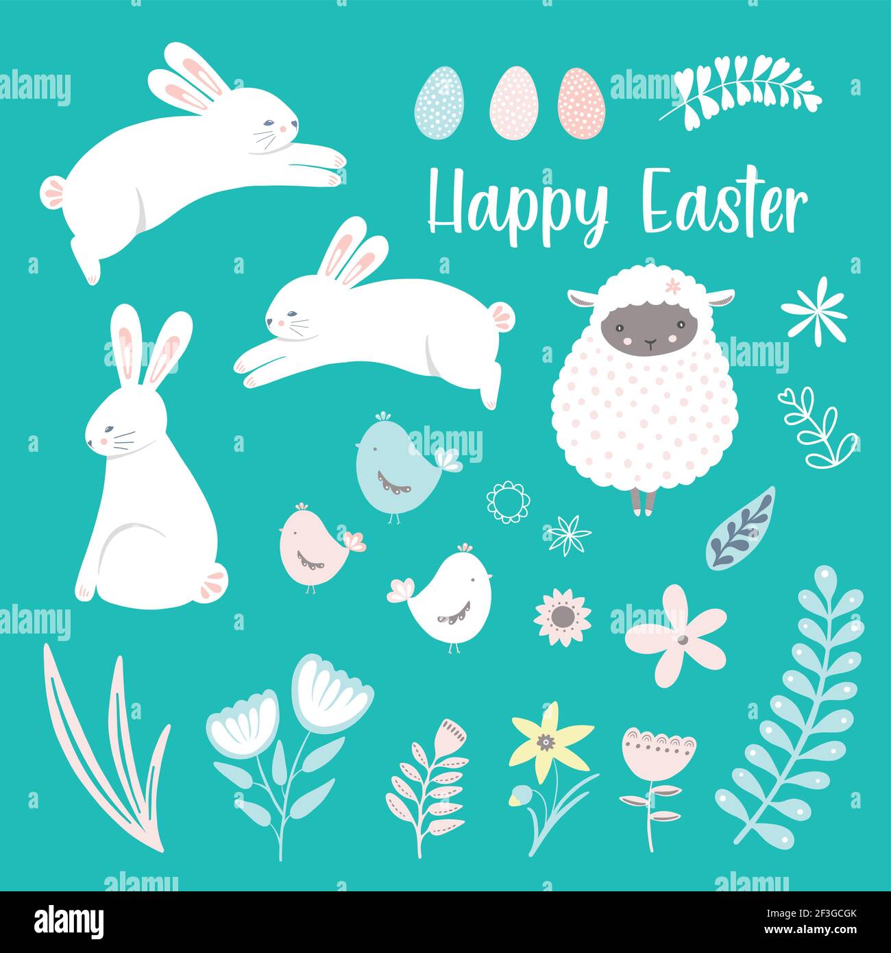 Set di icone clip art di Pasqua. Immagini vettoriali isolate stagionali di elementi decorativi del tempo di Pasqua, coniglio carino, agnello, uova, pulcini, fogliame e fiori. Illustrazione Vettoriale