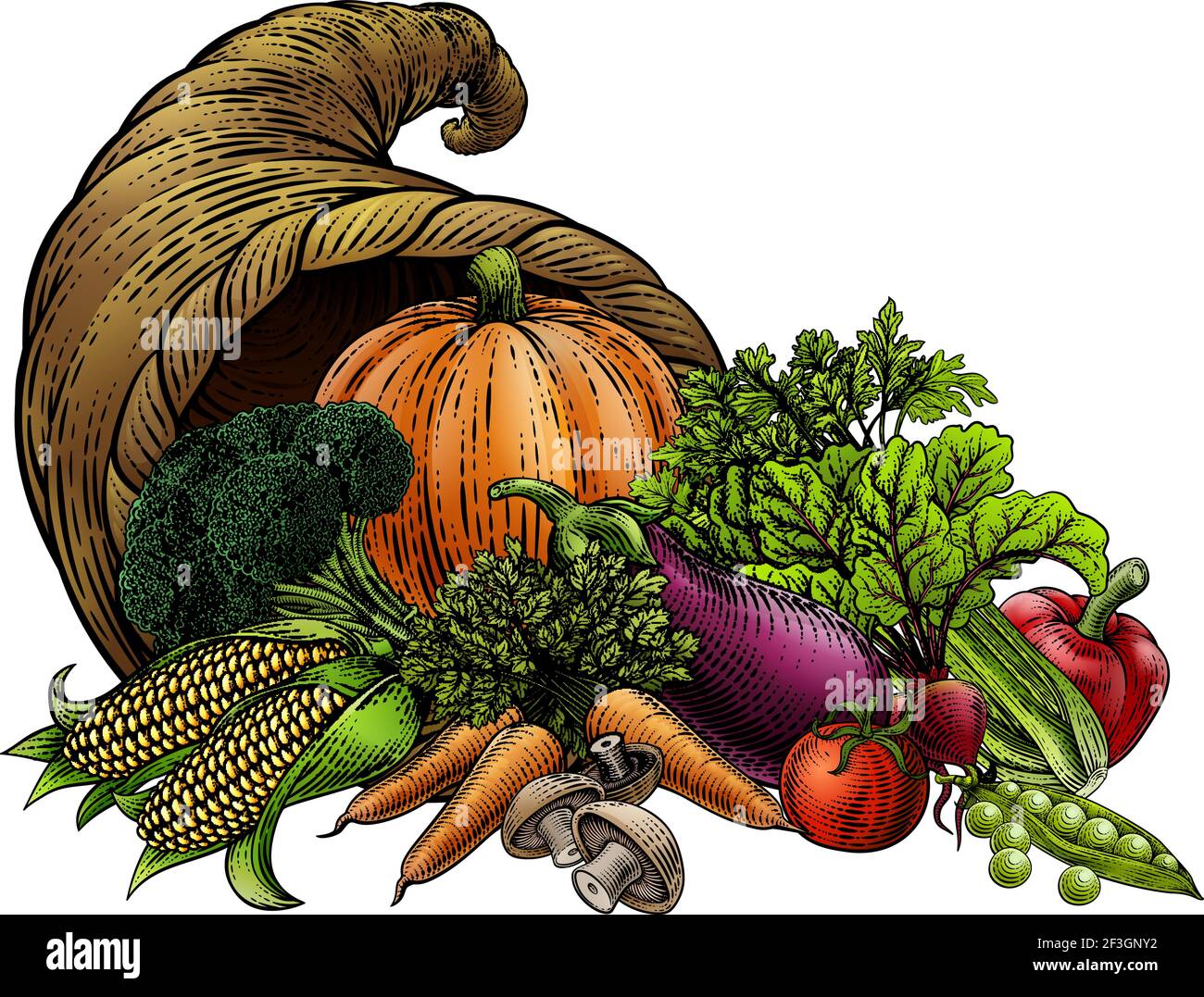 Cornucopia Horn produce verdure legno d'epoca Illustrazione Vettoriale