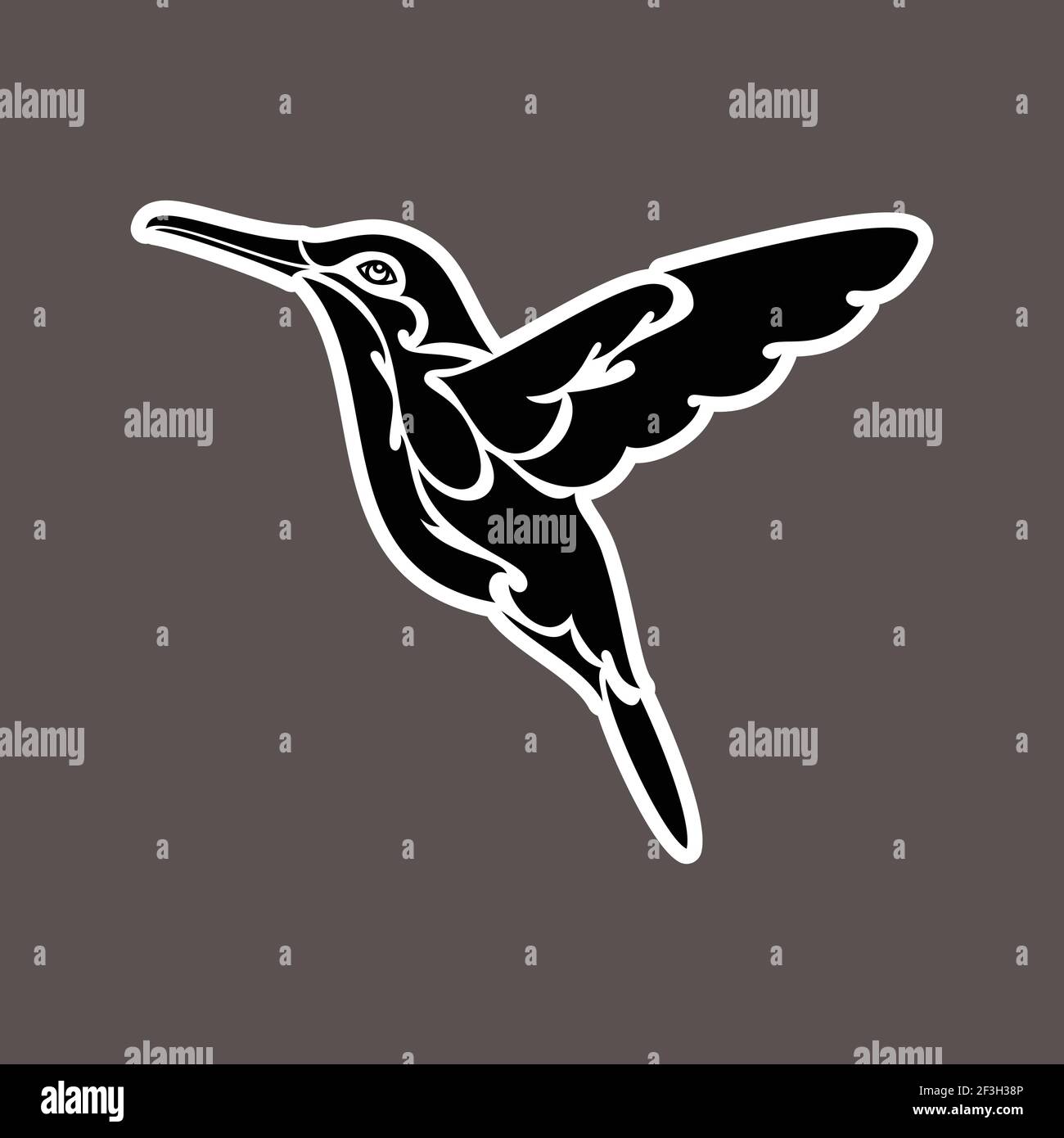 Ritratto astratto disegnato a mano di un colibrì. Adesivo. Illustrazione stilizzata vettoriale isolata su sfondo scuro. Illustrazione Vettoriale