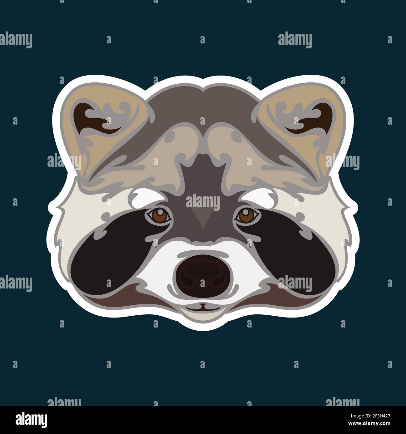 Ritratto astratto disegnato a mano di un raccoon. Adesivo. Immagine colorata stilizzata vettoriale isolata su sfondo blu scuro. Illustrazione Vettoriale
