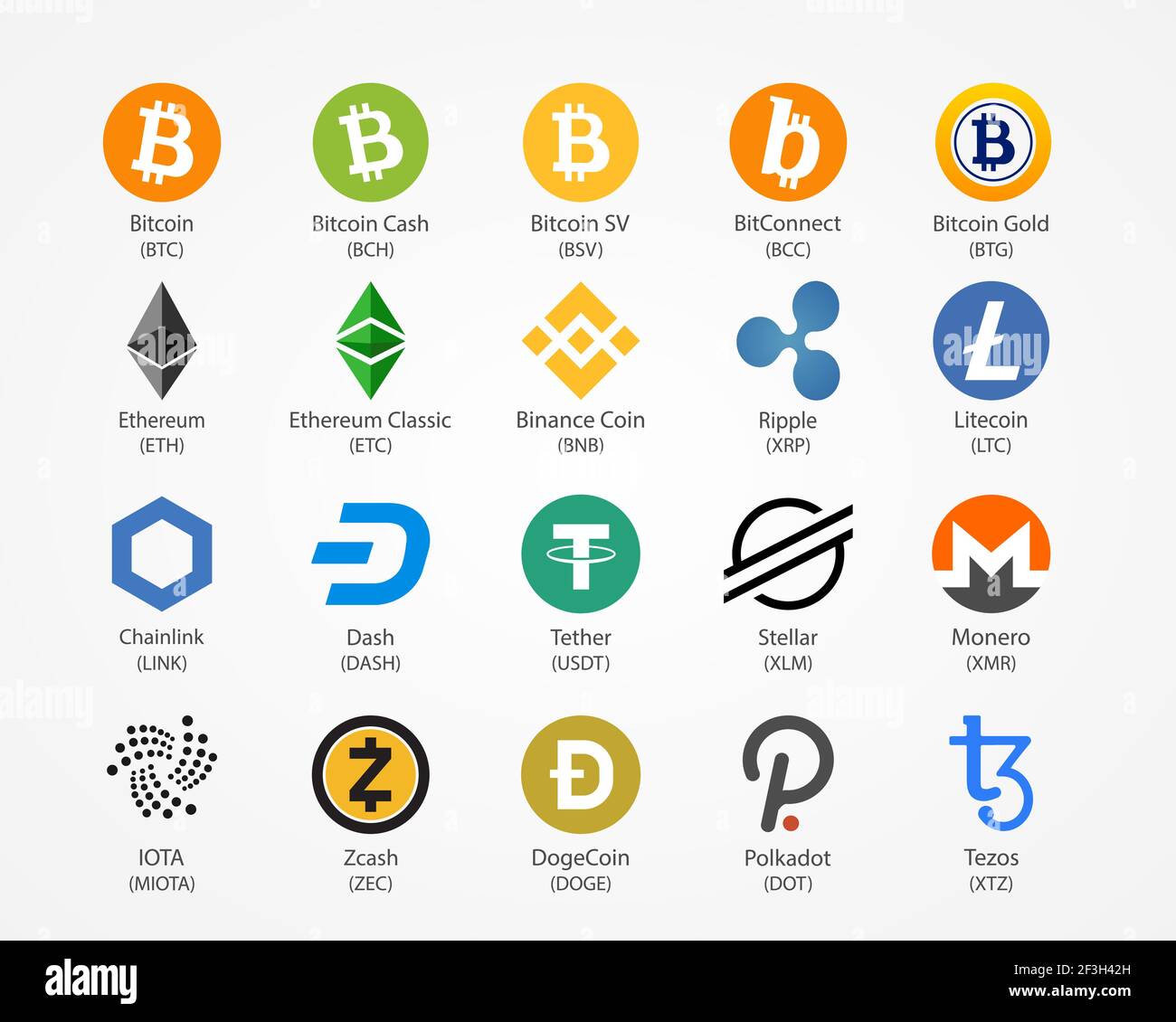 Icone di monete vettoriali a criptovaluta isolate su sfondo bianco. Illustrazione Vettoriale