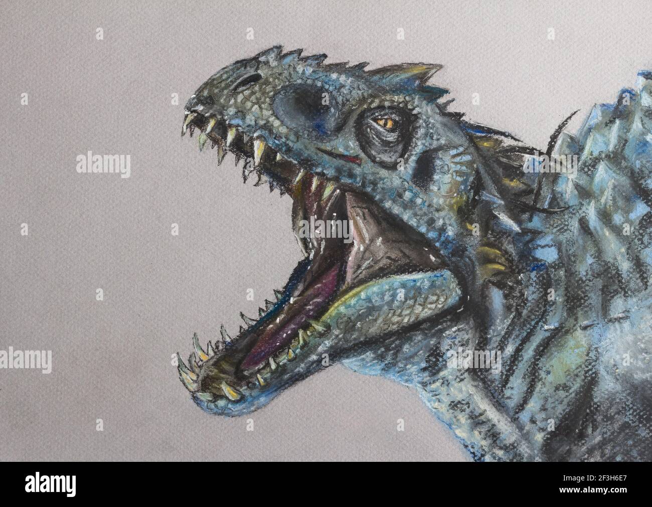 Disegno di dinosauro - faccia di Indominus Rex disegnata a mano Pastelli - spaventoso dinosauro Foto Stock