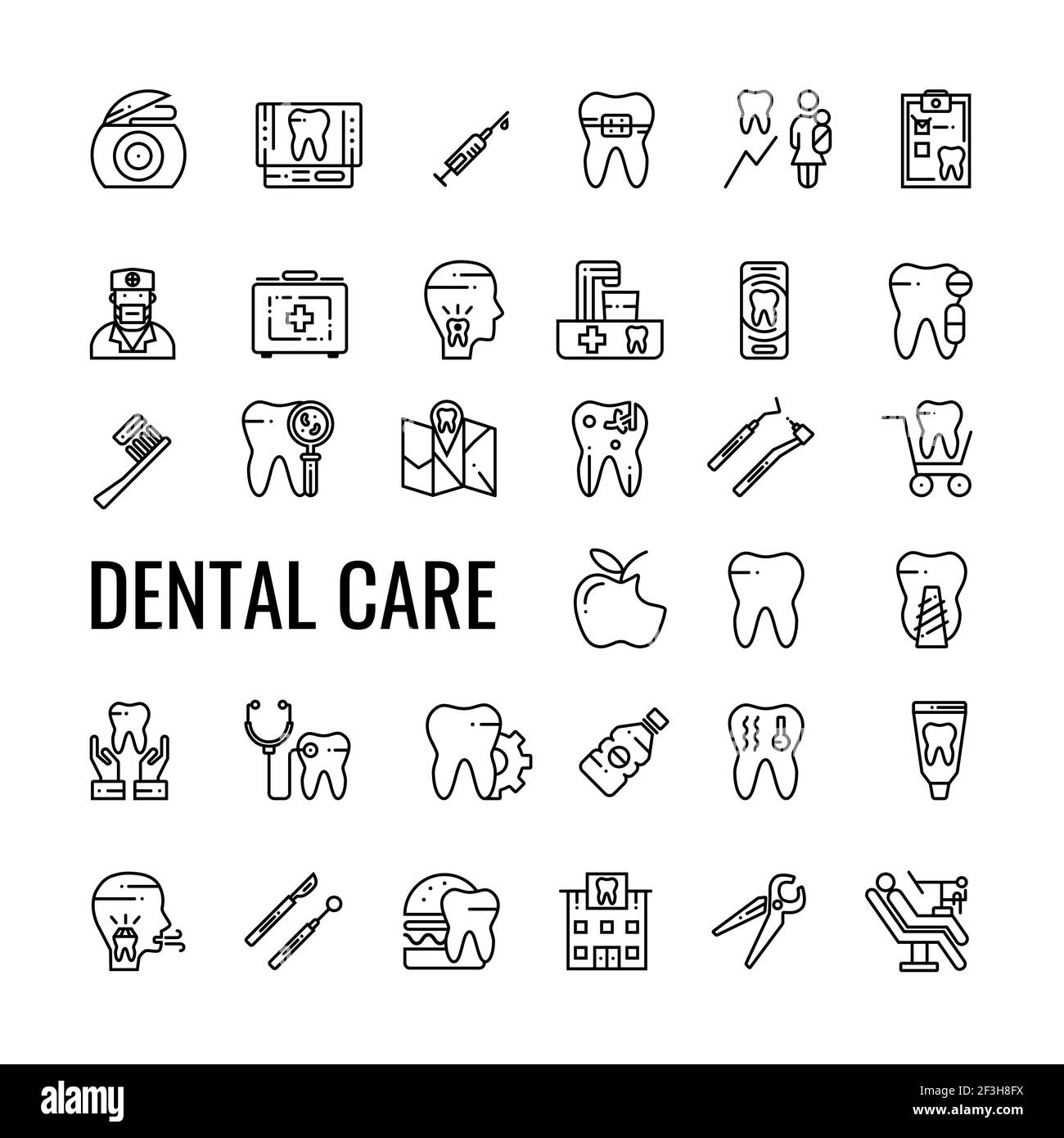 Set di icone del profilo per la cura dei denti. Dentista attrezzi e dente. Disegno isolato lineare vettoriale. Illustrazione Vettoriale