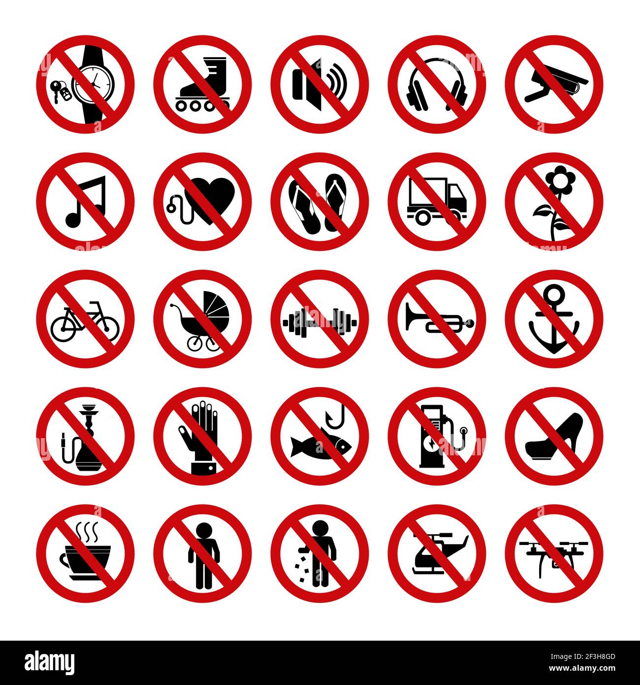 Serie di icone rosse di divieto. Segnali vietati. Illustrazione vettoriale. Illustrazione Vettoriale