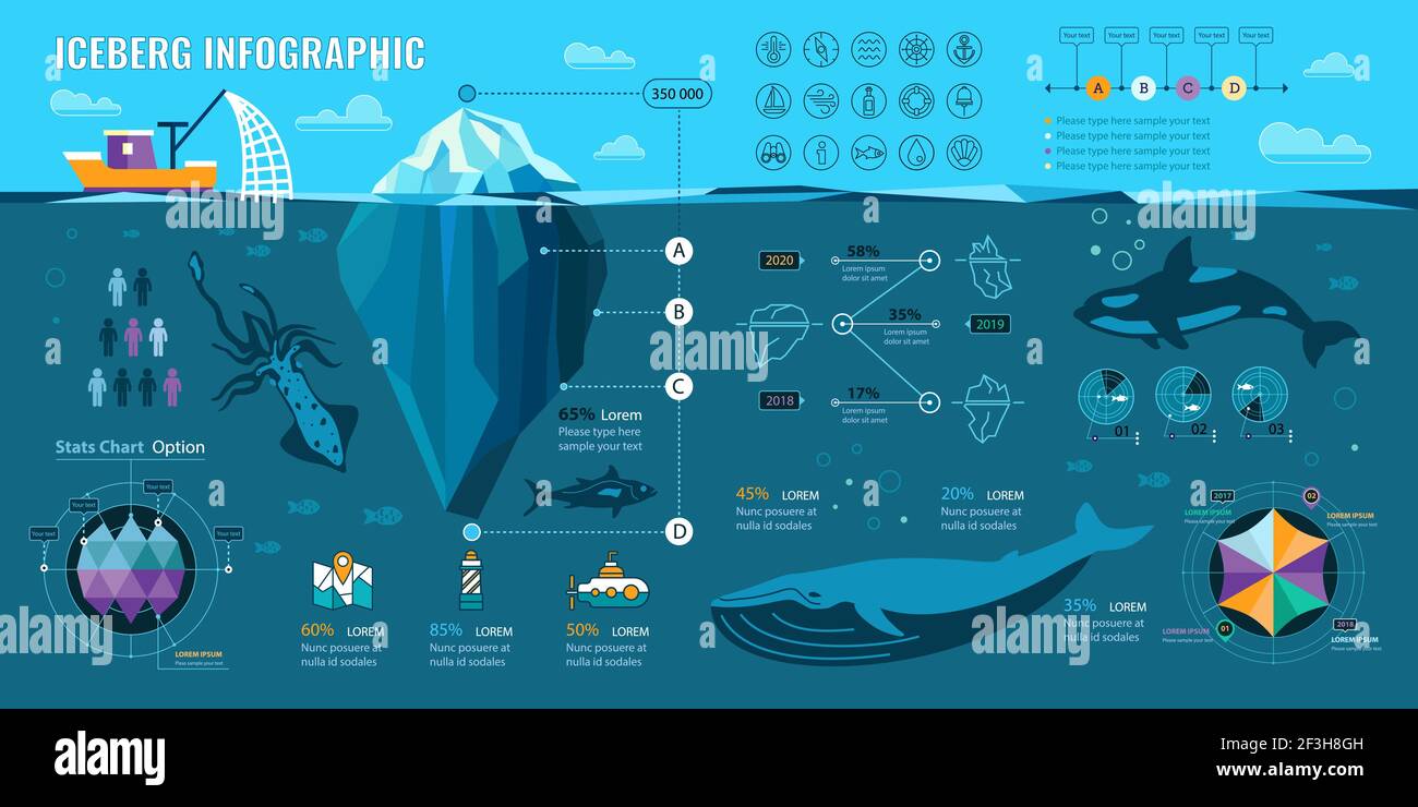 Iceberg e infografica subacquea. Elementi piatti vettoriali con iceberg poligonale, grafica e icone. Illustrazione Vettoriale