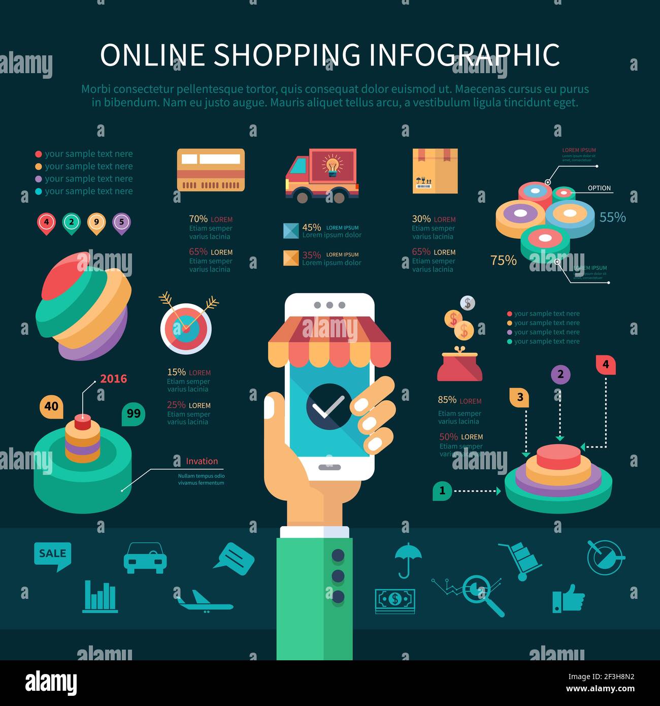 Infografica sullo shopping online con telefono, grafica, icone in stile piatto. Illustrazione vettoriale Illustrazione Vettoriale