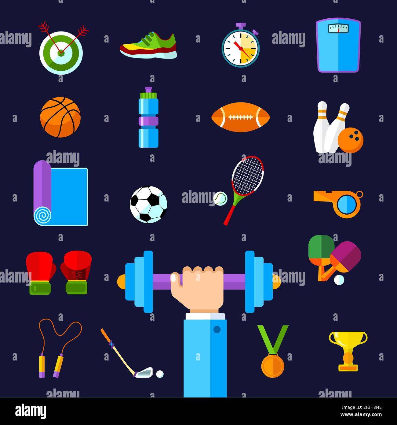 Immagine vettoriale insieme di icone sportive in stile design piatto Illustrazione Vettoriale