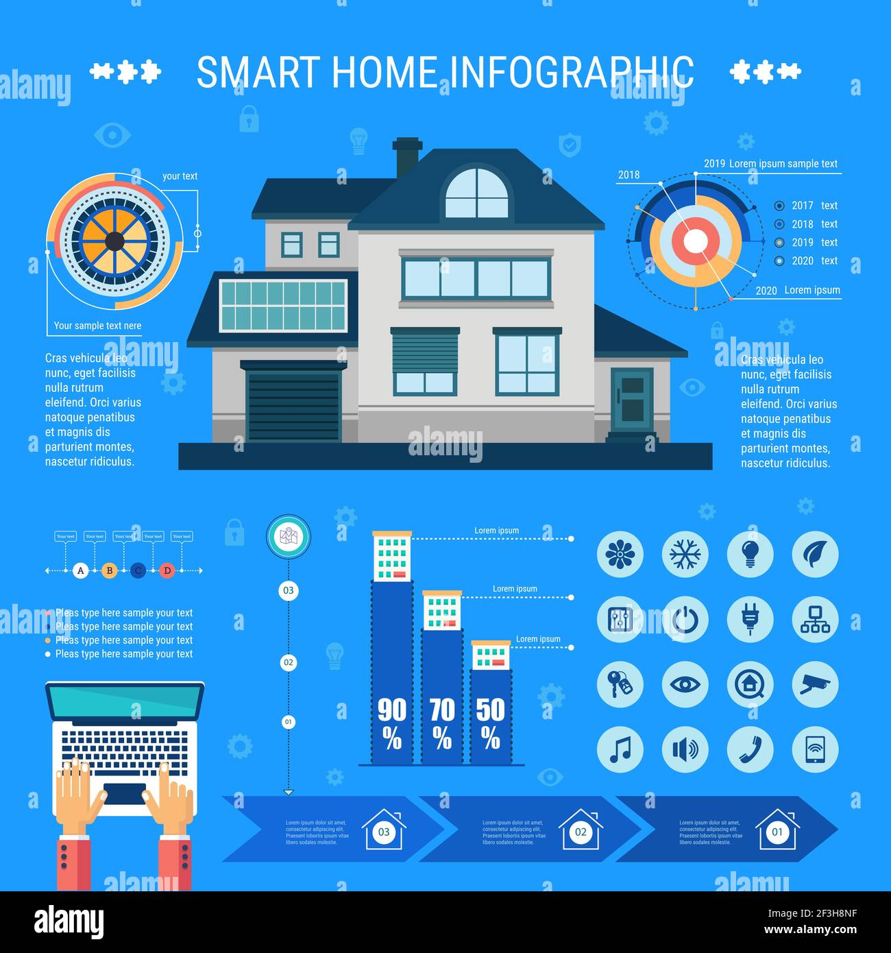 Infografica sulla casa intelligente. Illustrazione vettoriale concetto di casa con controllo centralizzato. Illustrazione Vettoriale