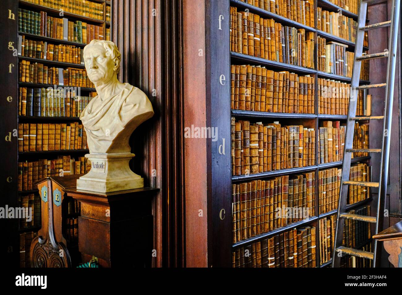 Repubblica d'Irlanda; Dublino, Biblioteca al Trinity College, la Long Room, una bella, famosa e storica vecchia biblioteca in Irlanda, busto di Aristotele Foto Stock