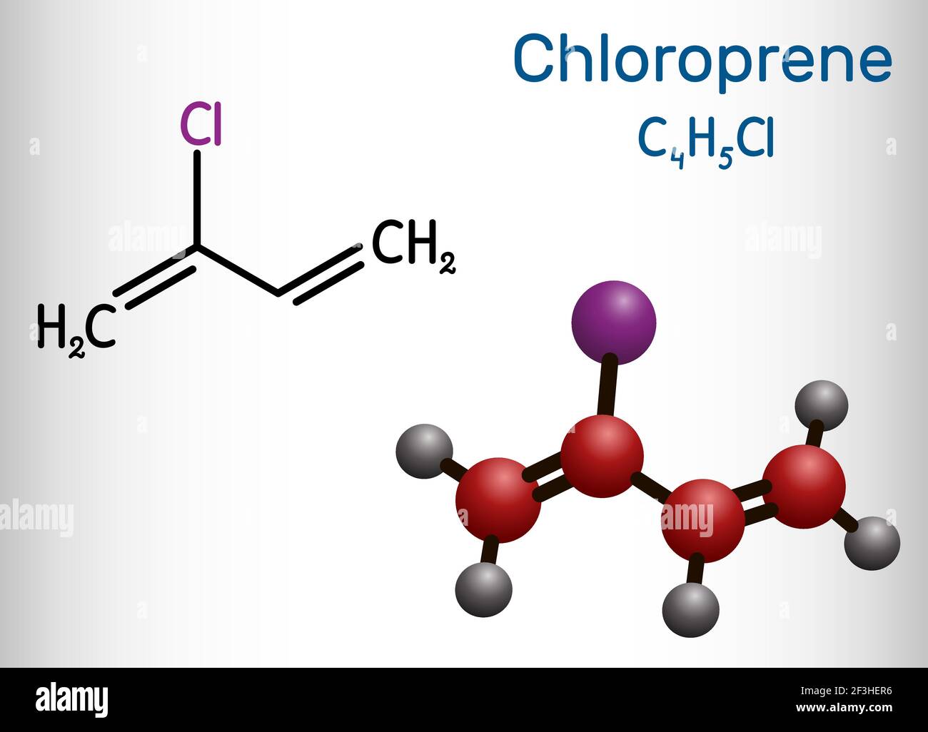 Molecola di cloroprene. Si tratta di cloroolefina, utilizzata come monomero  per il policloroprene polimerico, un tipo di gomma sintetica, neoprene.  Formu. Chimico strutturale Immagine e Vettoriale - Alamy